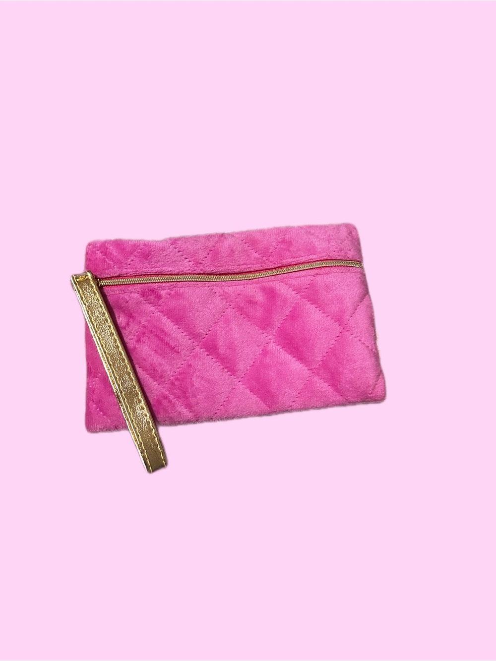 Plush Quilted Pink Wristlet Clutch with Gold Accent